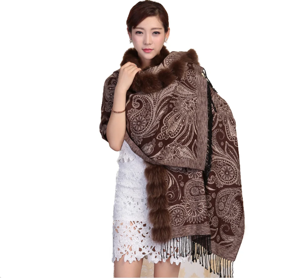 Женская шаль из 100% шелка с начесом Воротник натурального Лисьего меха обеих