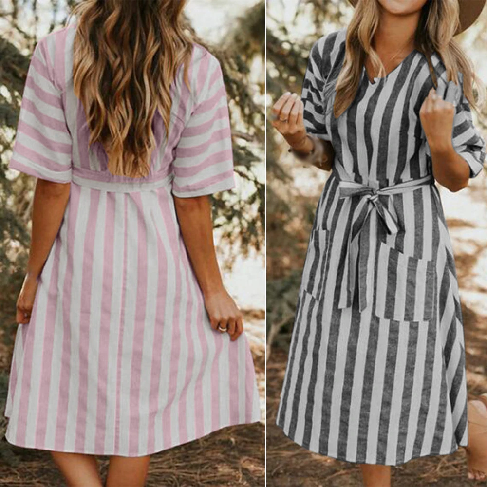 Женская одежда летнее богемное Полосатое платье с v образным вырезом карманом и