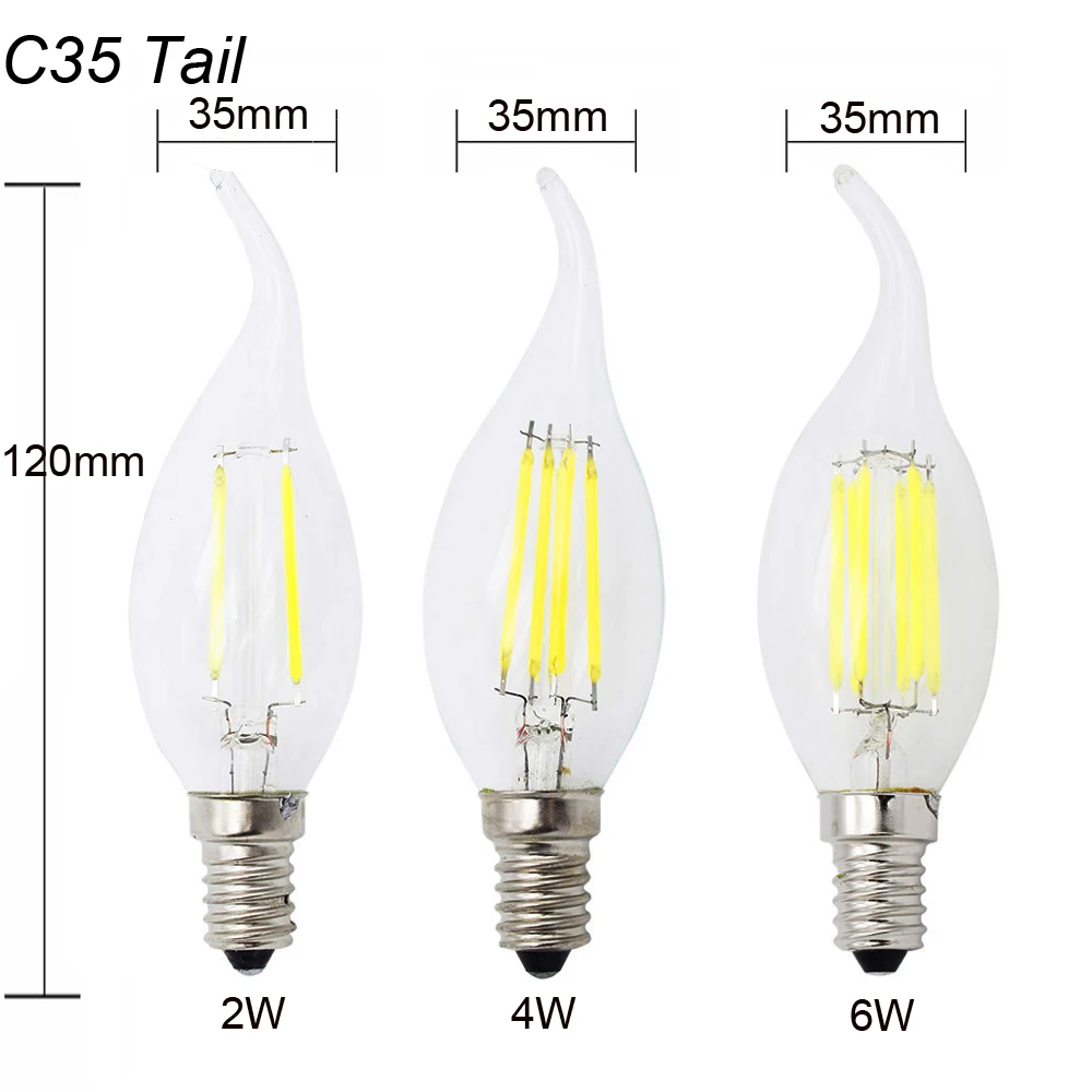 Удара E12 E14 E27 светодиодный свечки C35 свет 2 W/4 W/6 W теплый/холодный белый Ретро лампа накаливания лампы 110 V/220 V для люстры
