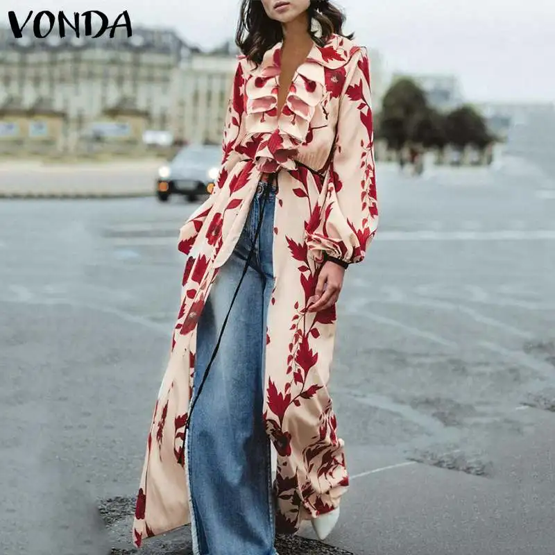 VONDA модные женские блузки с цветочным принтом сексуальные с v-образным вырезом и длинным рукавом повседневные свободные длинные рубашки с оборками винтажные Топы больших размеров - Цвет: Красный