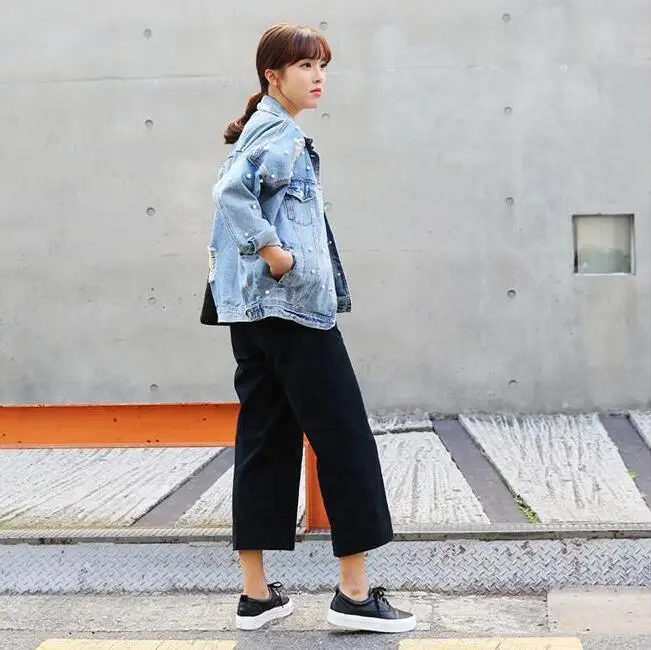 Южная Корея свободный крой рисунок в мелкую клетку отверстие бисера джинсы с