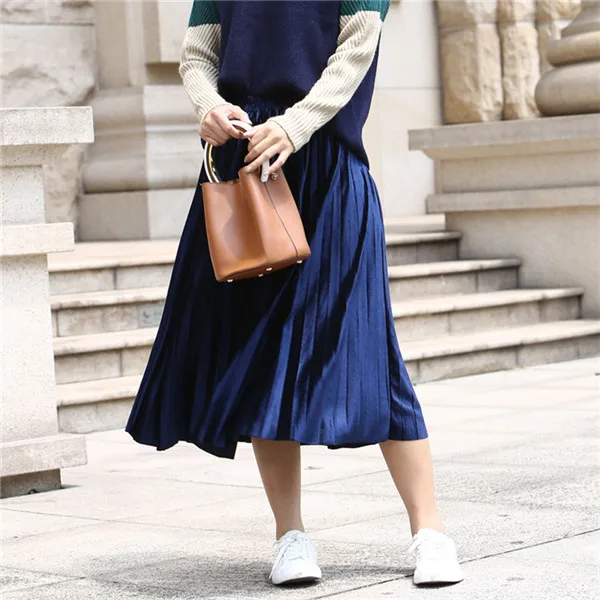 dark blue skirt Корейский стиль, длинная бархатная юбка для женщин, Осень-зима, плиссированная повседневная юбка, эластичная юбка-пачка с высокой талией, юбки для женщин, розовый, красный - Цвет: dark blue skirt