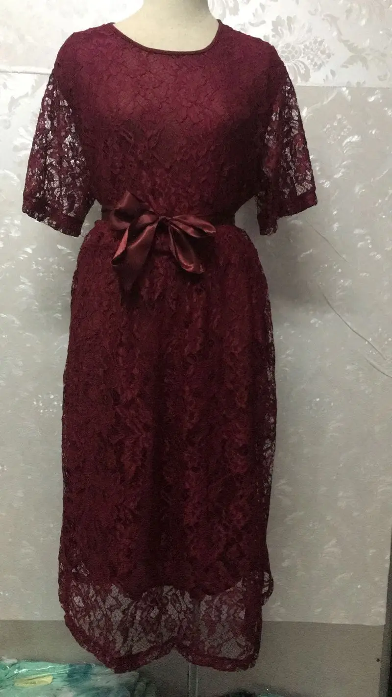S 6XL Чай Длина плюс Размеры кружевное платье короткий рукав A Line Midi Dress пояс кушак