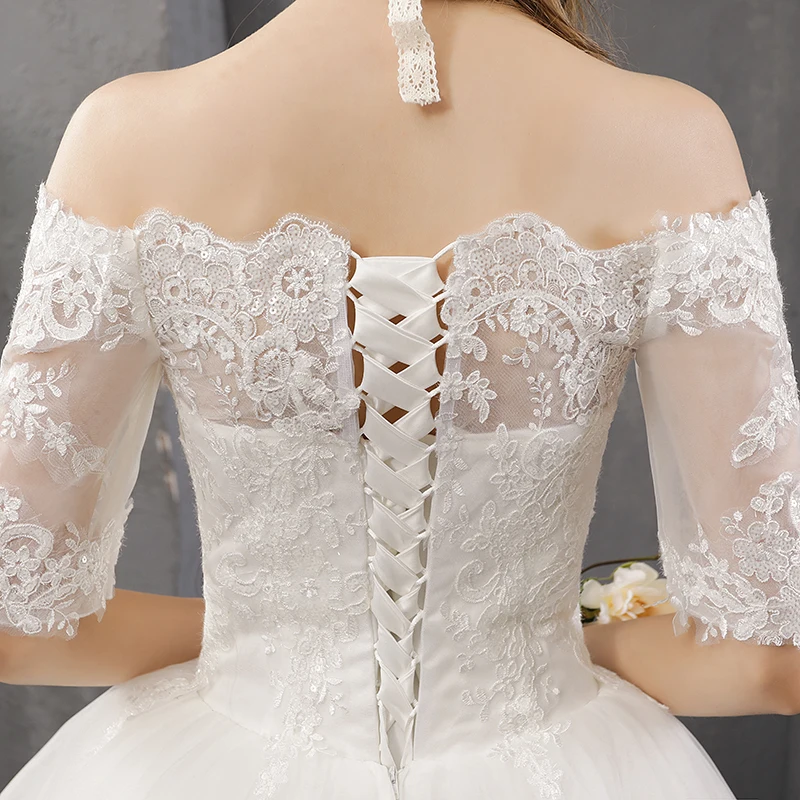 

Vestidos De Novia Elegant Lace Wedding Dress Elegant Boat Neck Off the Shoulder Applique Sequin Bridal Gown Robe De Mariage 30