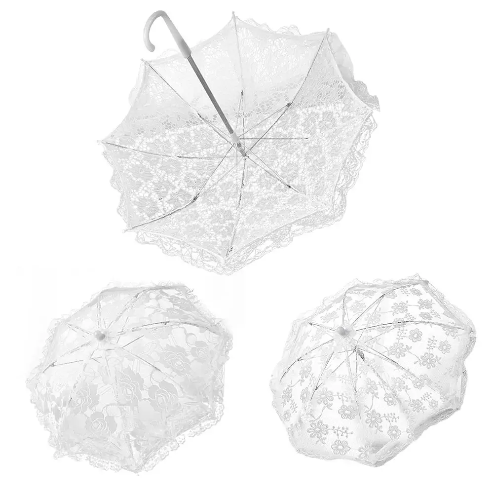 

Wedding Flower Girl White Decorative Umbrella European And American Style Small Lace Umbrella With Stainless Steel Long Handle