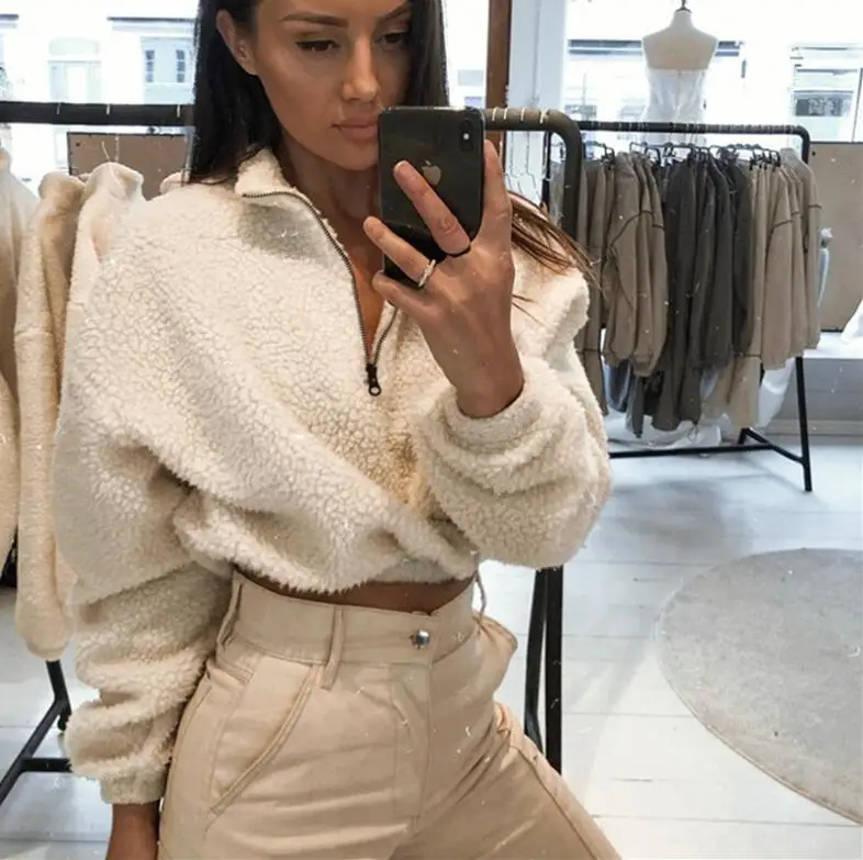 Женская зимняя водолазка на молнии из искусственной овечьей шерсти пуловер