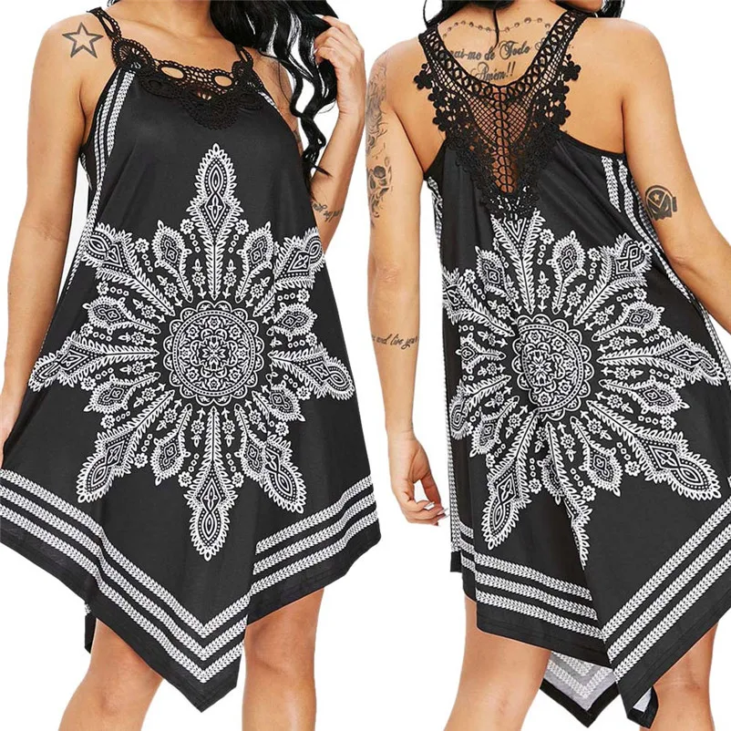 Лидер продаж летнее женское платье 2019 кружевное мини без рукавов с принтом