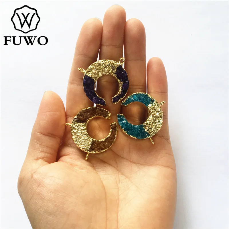 FUWO Натуральный Druzy Кулон с дизайном полумесяц золотой отделкой модные двойные