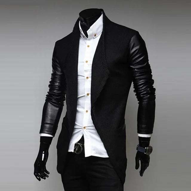 Черный Мужские блейзеры, модная официальная Мужская куртка, формальная, длинный рукав, тонкая искусственная кожа, свадебное пальто, верхняя одежда, NZ62 - Цвет: Черный