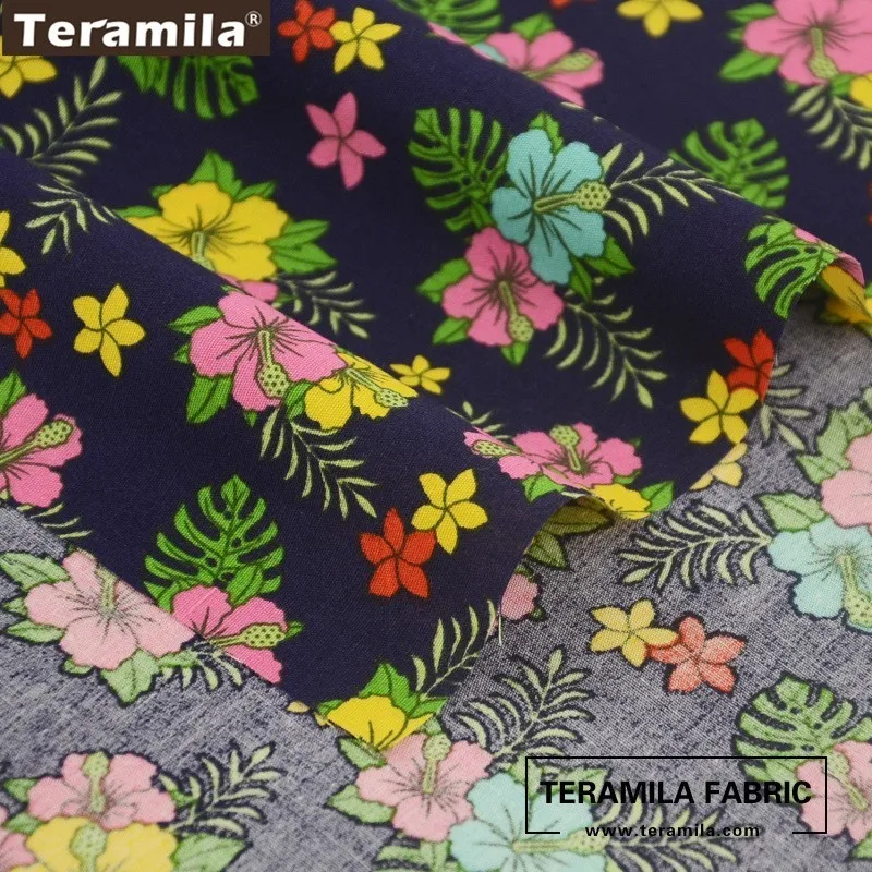 Teramila Cotton Poplin Fabric Printed Wild Flower With Leaves Design Fat Quarter Meter Navy Quilting Decoration Shirt Crafts|cotton poplin|cotton