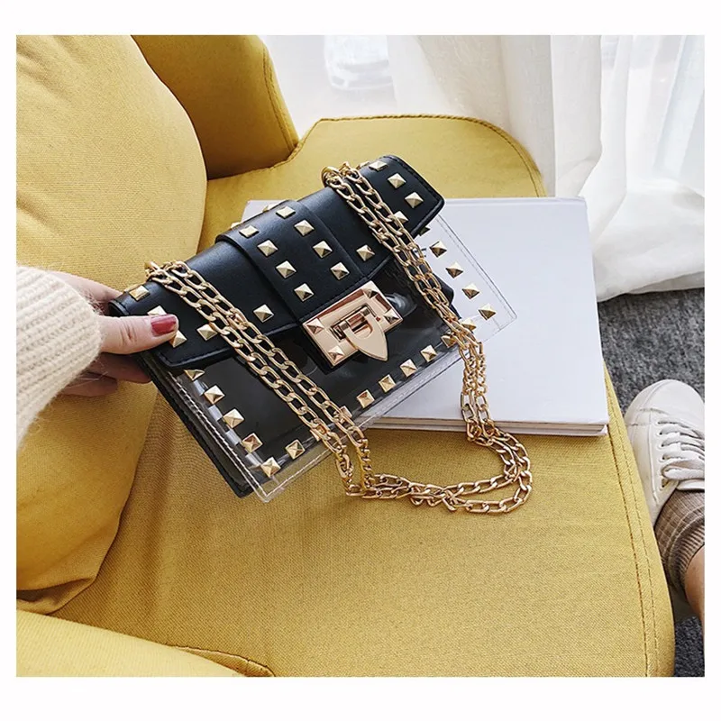 Small Clear Brand Designer Woman 2019 New Fashion Girl Messenger Bag Chains Shoulder Female Rivets Transparent Square PU | Багаж и сумки