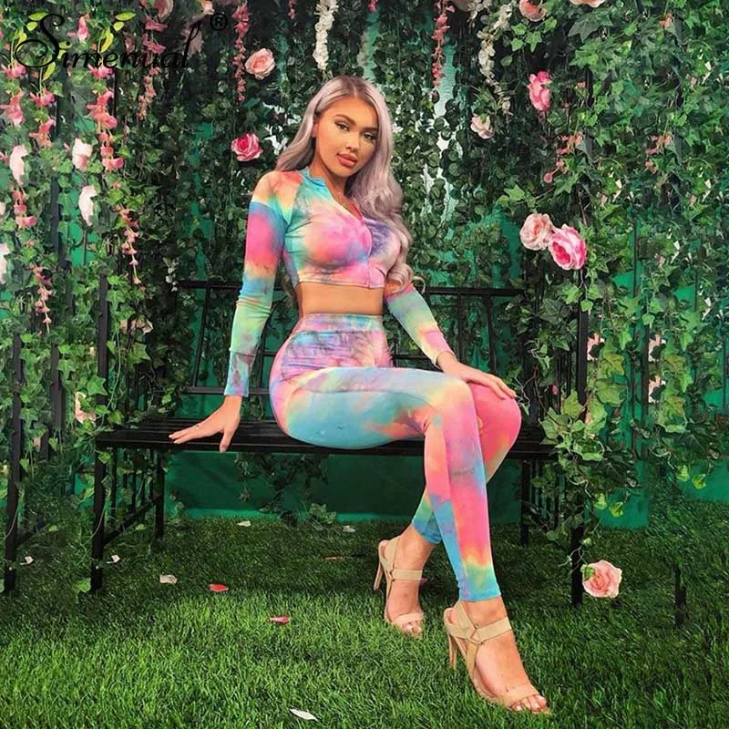 as seen Simenual Tye Die, одежда для фитнеса и активного отдыха, женские одинаковые комплекты, спортивные тренировочные костюмы из двух частей, Топ с длинным рукавом и леггинсы - Цвет: as seen