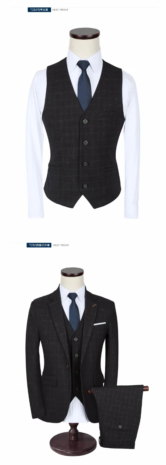 New Stripe Men Suits Wedding Slim Fit Suit Business Groom Formal Male Tuxedo Blazers Blue/Black Jacket+Pants+Vest | Мужская одежда