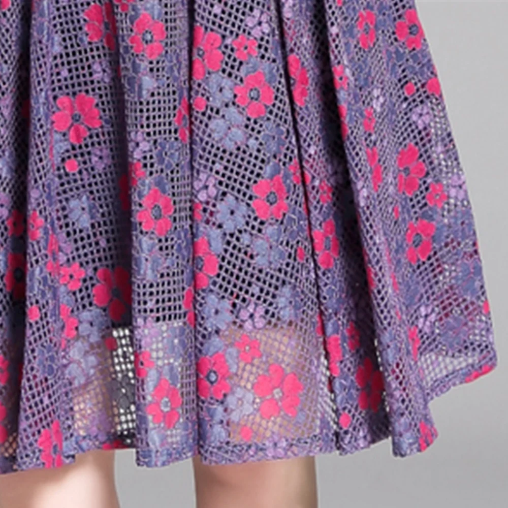

Woman Summer Lace Dress Floral Embroidered Female Casual Dresses O-neck Short Sleeve A-line Party Dress OL Knee-length Dress