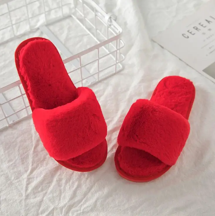 Women Slippers Winter Shoes Flat Sweet Home Slippers Woman Indoor Shoes Fur Warm Soft Slip On Black Pink Grey Female flip flops - Color: Red