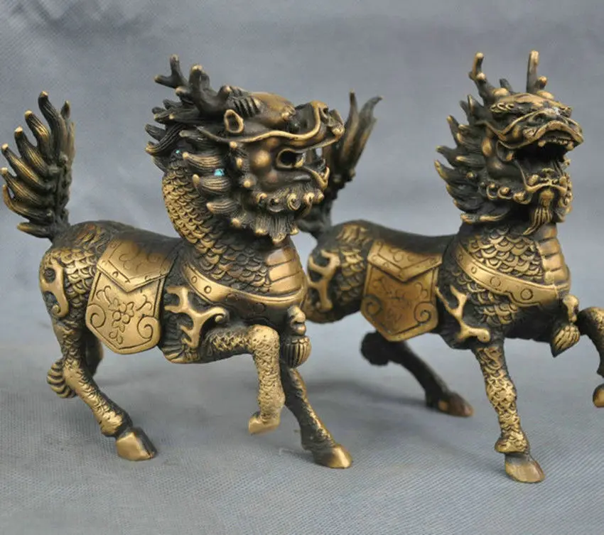 

A Pair of Chinese Copper Animal Phylactery Beast Kylin Chi-lin Unicorn Statues.