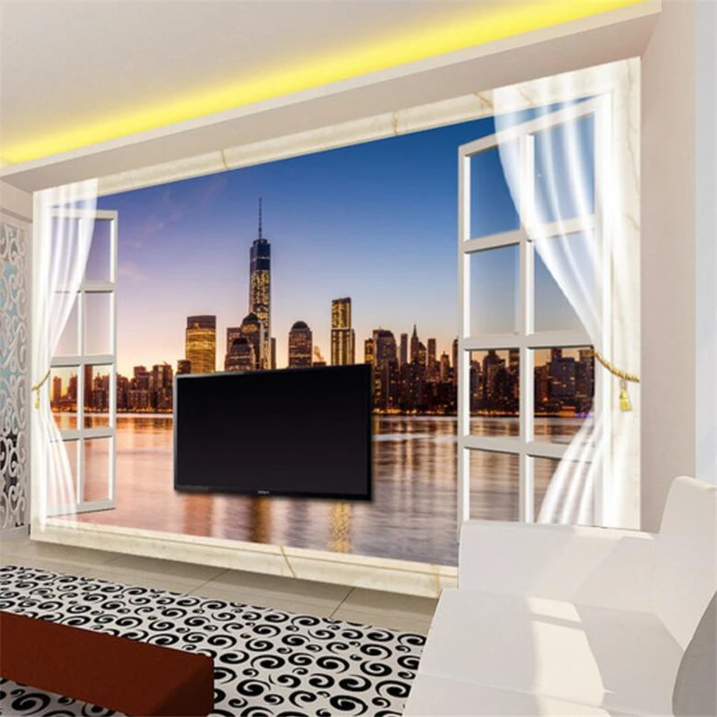 3D фотообои Beibehang на заказ фрески с окном ночным обзором Нью-Йорка гостиной