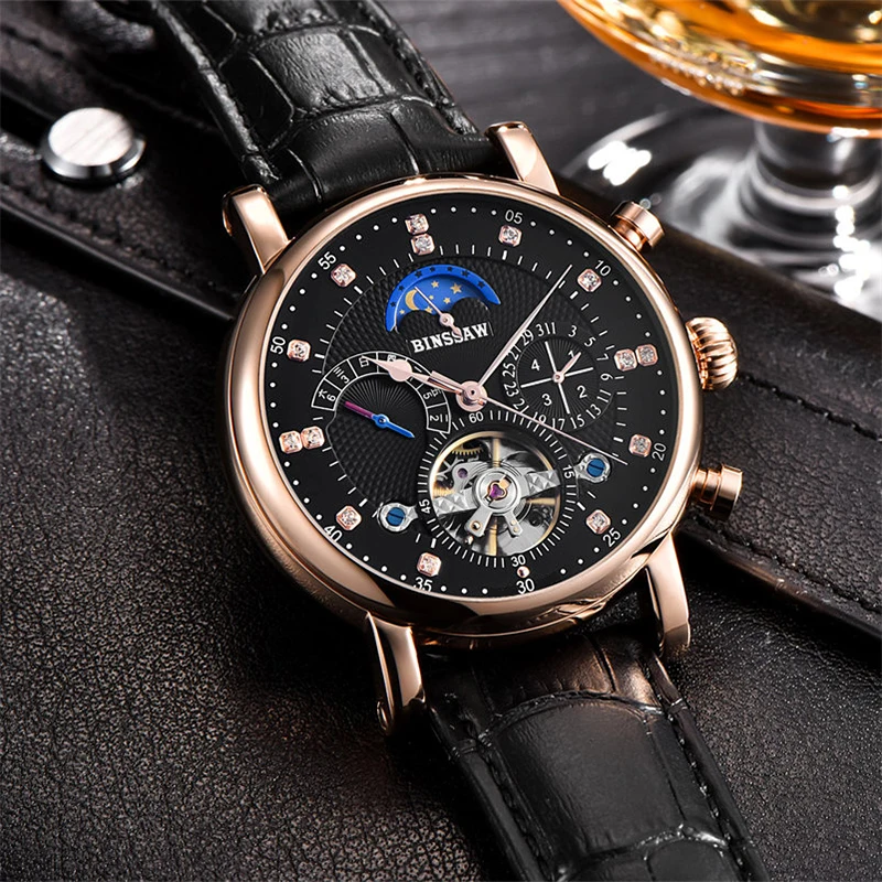 BINSSAW Мужские автоматические механические часы Tourbillon Роскошные брендовые модные