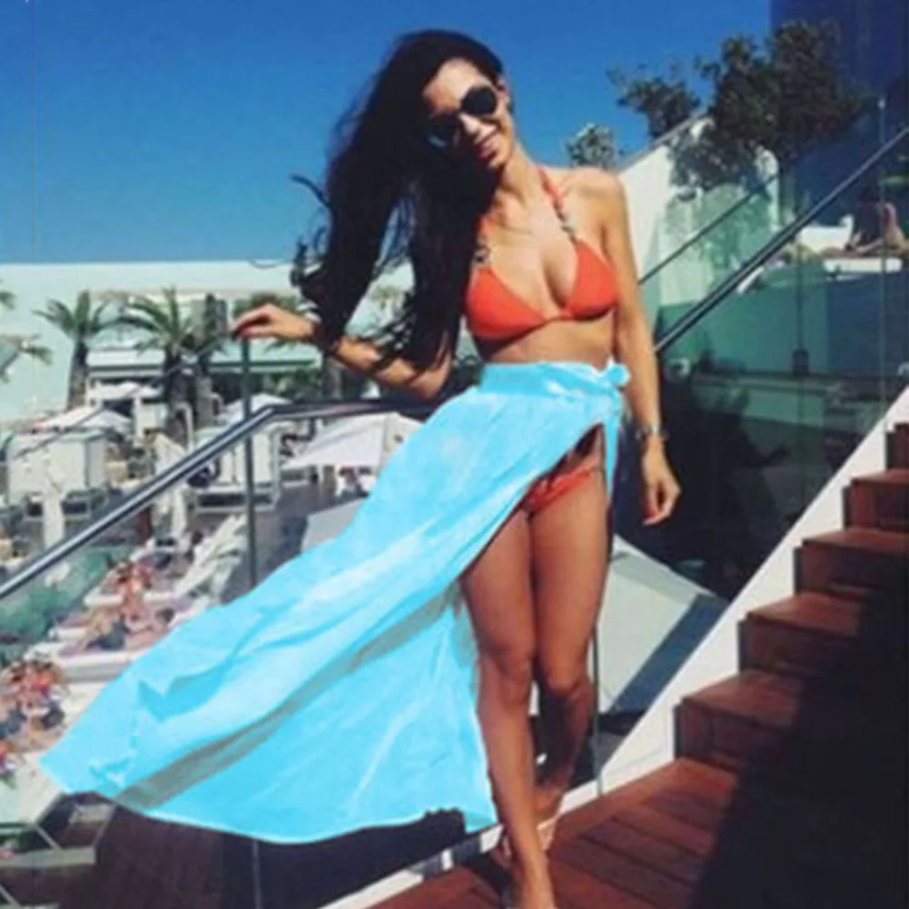 Yvonne Women Swim Sunscreen Bikini Chiffon Sarong Side Slit Beach Skirt Maxi Swimsuit Cover Swimwear | Женская одежда
