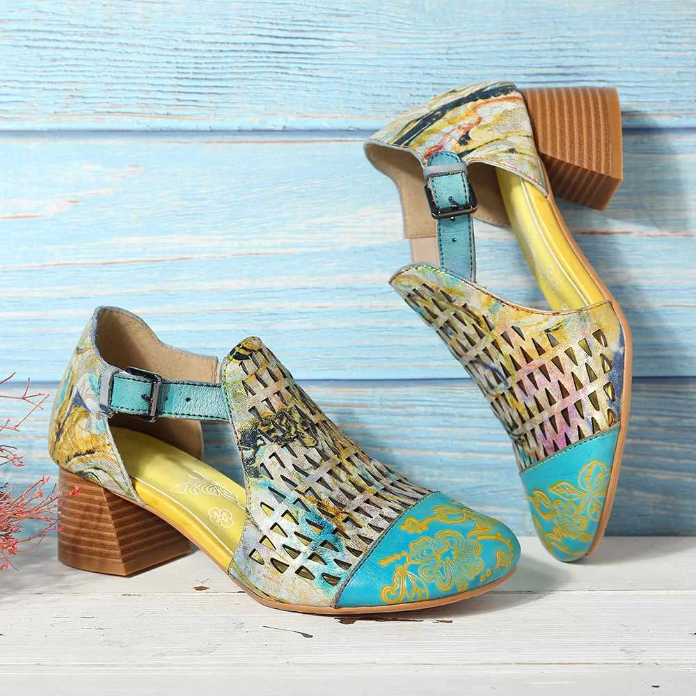 SOCOFY Hand Painted Sandals Retro Veins Genuine Leather Splicing Big Head Hollow Soft Sandals Shoes Women Sandalias Mujer