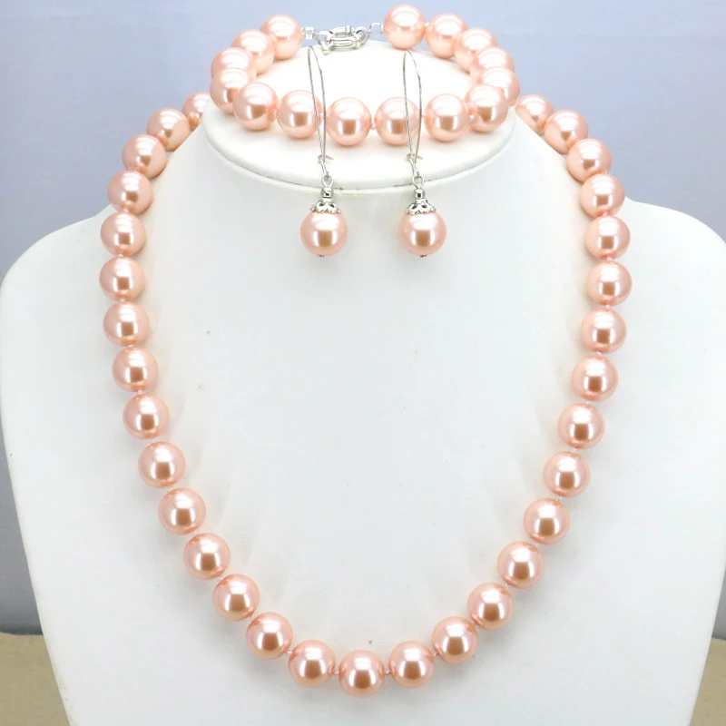 light orange glass pearl 12mm necklace set 18&quotbracelet 7.5&quot earring women jewelry making design wholesale retail | Украшения и