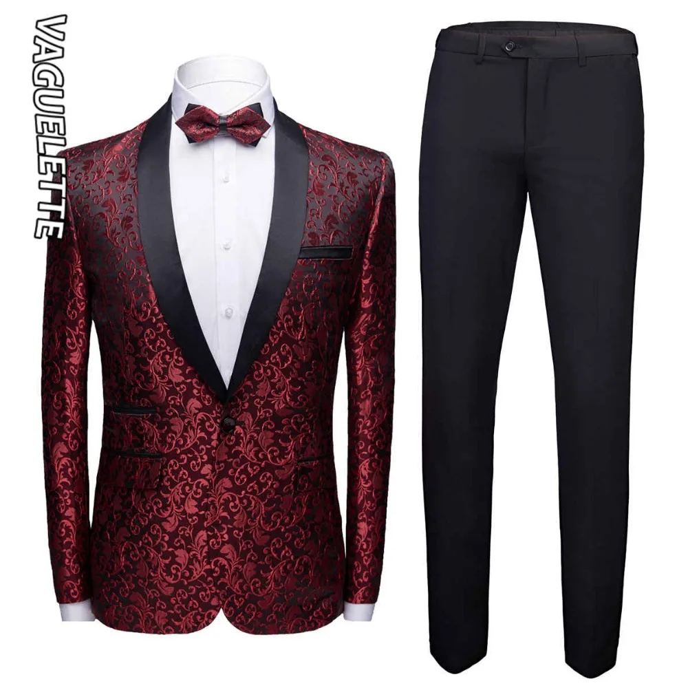 

VAGUELETTE Embroidery Floral Wedding Suit Tuxedos Men Shawl Collar Floral Pattern Men Suit Stage Wear White/Red Groom Suits 2019