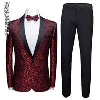 VAGUELETTE Embroidery Floral Wedding Suit Tuxedos Men Shawl Collar Floral Pattern Men Suit Stage Wear White/Red Groom Suits 2019