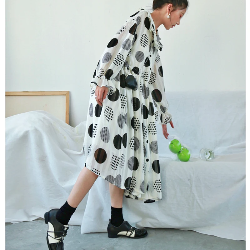 2019 New Peter Pan Collar Three Quarter Sleeves Polka Dots Printed Pullover Loose Long Dress Female Chiffon Vestido Z010 | Женская
