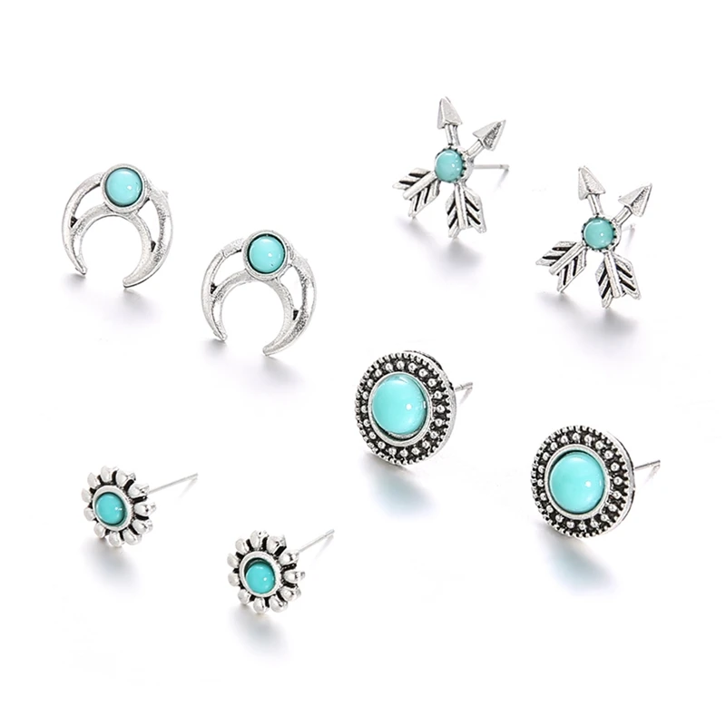 8Pcs/Set Of Bohemian Retro Totem Pine Earrings National Wind Round Bow And Arrow Flowers Half Moon Female Jewelry | Украшения и