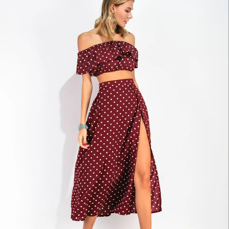 Женские платья в горошек с открытыми плечами и высоким разрезом 2 шт. летнее