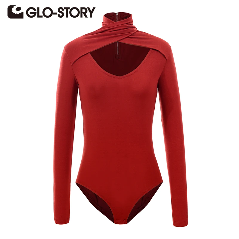 Женское облегающее боди с длинным рукавом высоким воротником и v образным