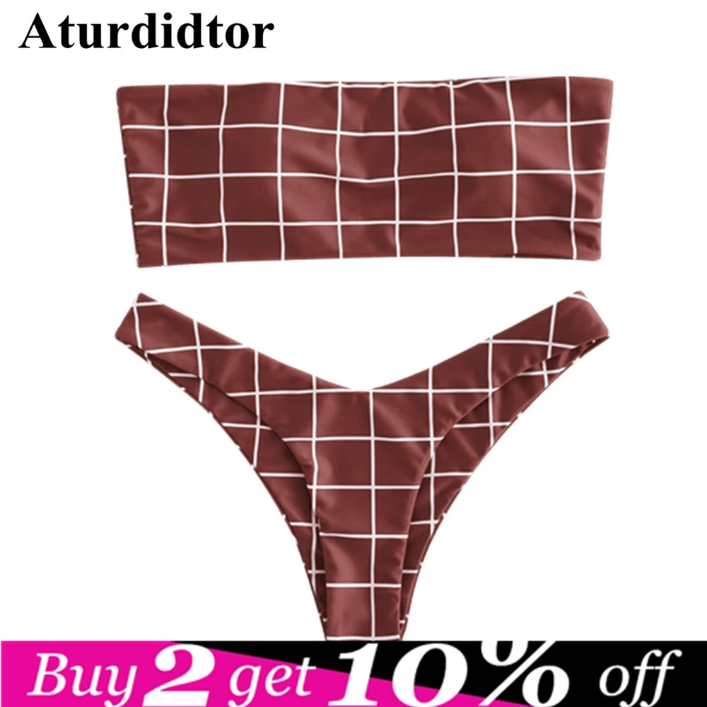 Комплект бикини без бретелек в клетку с высокой талией стринги бандо Ретро стиль
