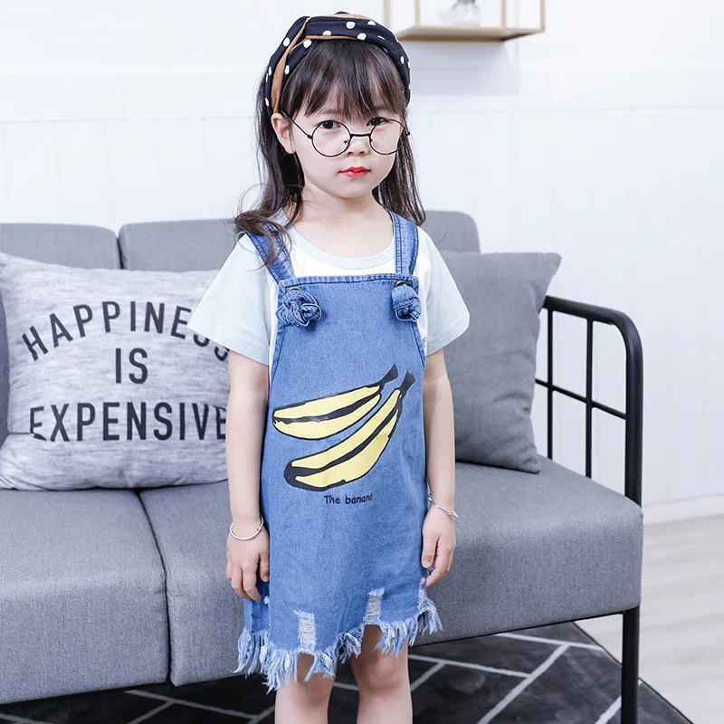 

Summer New Girls Dress Printed Banana Kids Dress for Girls Korean Cotton Baby Girl Denim Dresses Ripped Jeans Children Sundress