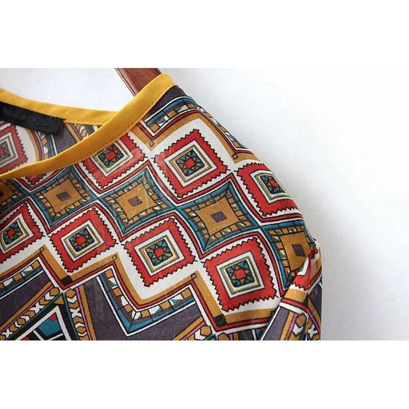 PERHAPS U women boho yellow red bohemian chiffon bow lace up geometric flare sleeve o neck blouse shirt female B0014 |