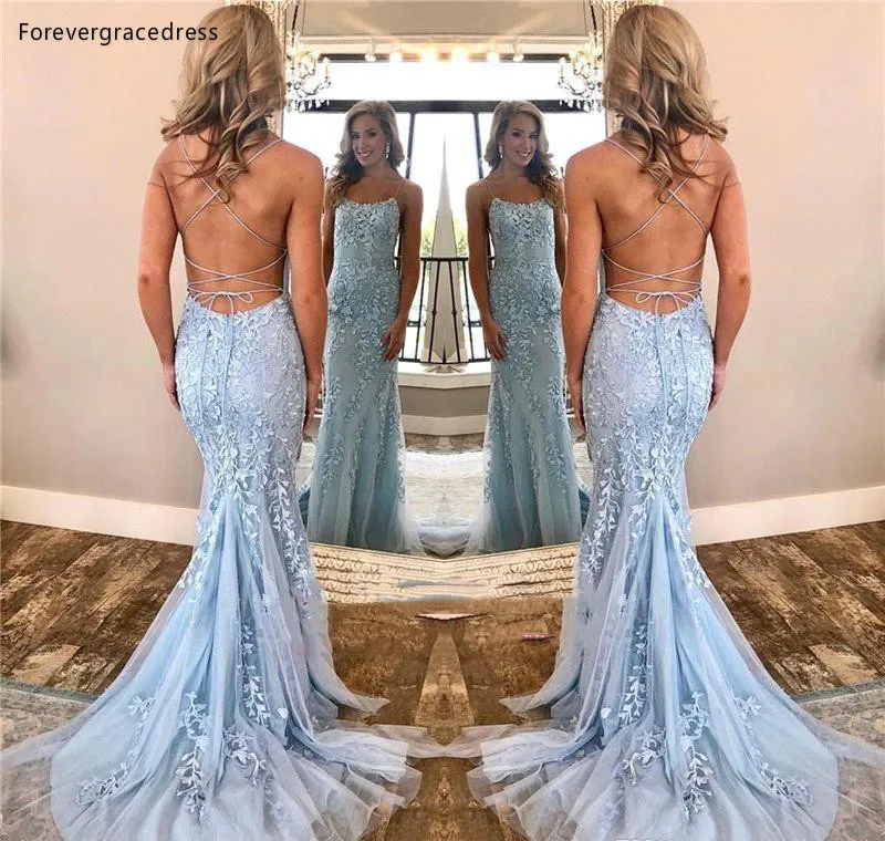 Сексуальные небесно Голубые Вечерние платья Русалка на тонких бретельках