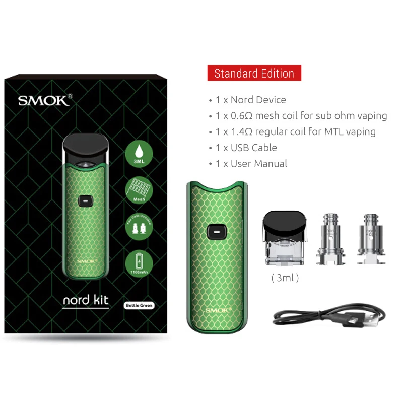 2 шт. новый цветной набор Smok Nord Vape pod 1100 мАч встроенный аккумулятор 3 мл картридж Pen