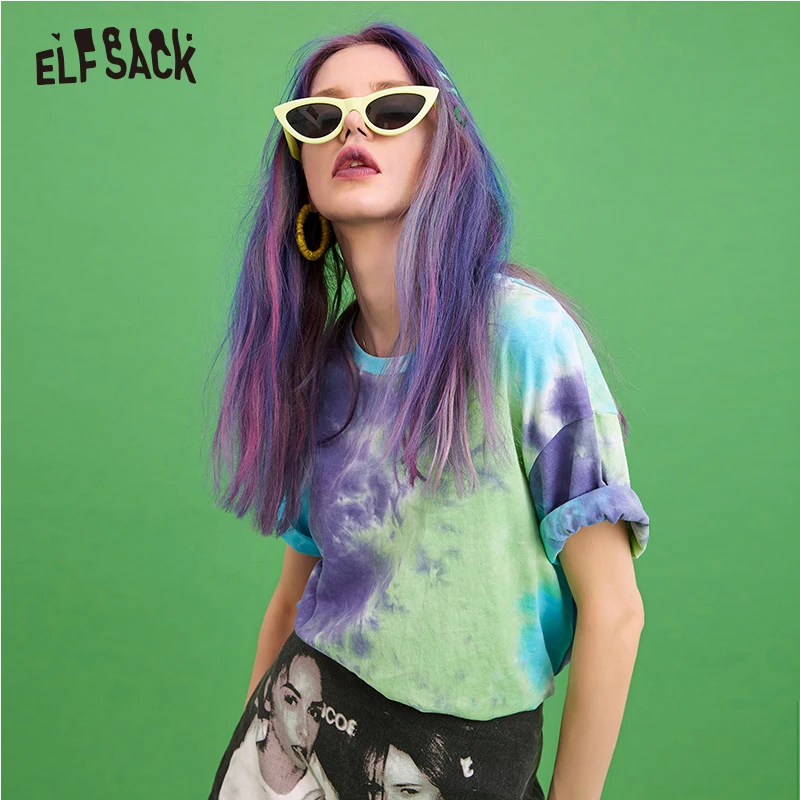 ELFSACK хлопок Tie Dye женская футболка 2019 Новая мода зеленая и фиолетовая Повседневная