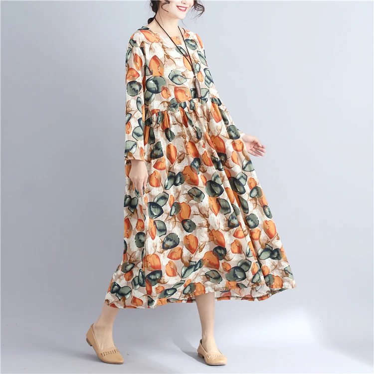 

2017 New Autumn Vintage Long Sleeve Print Cotton Linen Women Dress O-Neck Loose Large Size Party Elegant Dress
