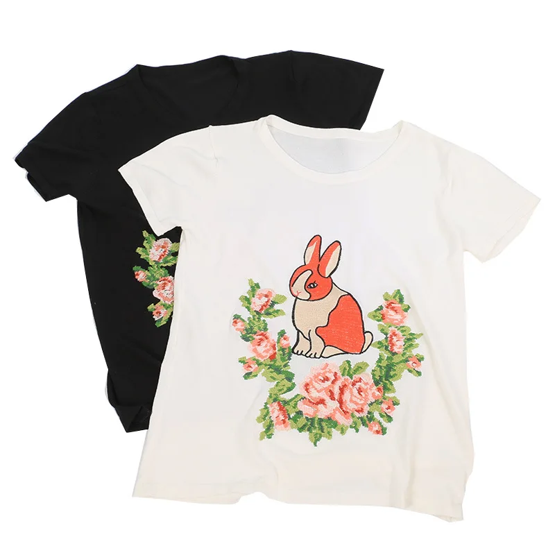 2018 New Summer Female Knitted Tops Sweet Rabbit Floral Cartoon Embroidery Womens Fashion Pullover Shirt Black White Long Sleeve | Женская