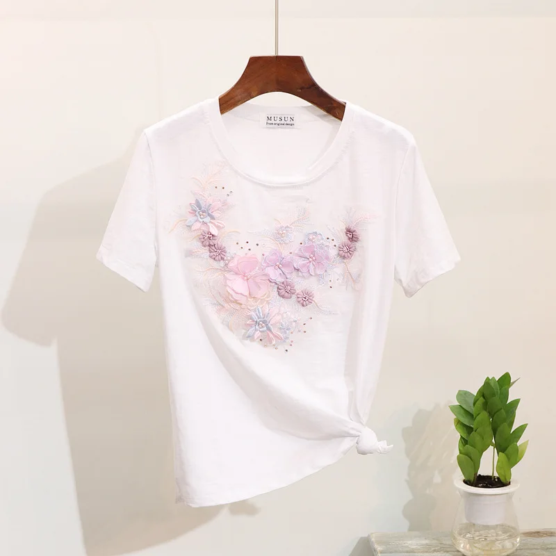 Модный весенне летний женский комплект вышитый бисером цветок футболка джинсы