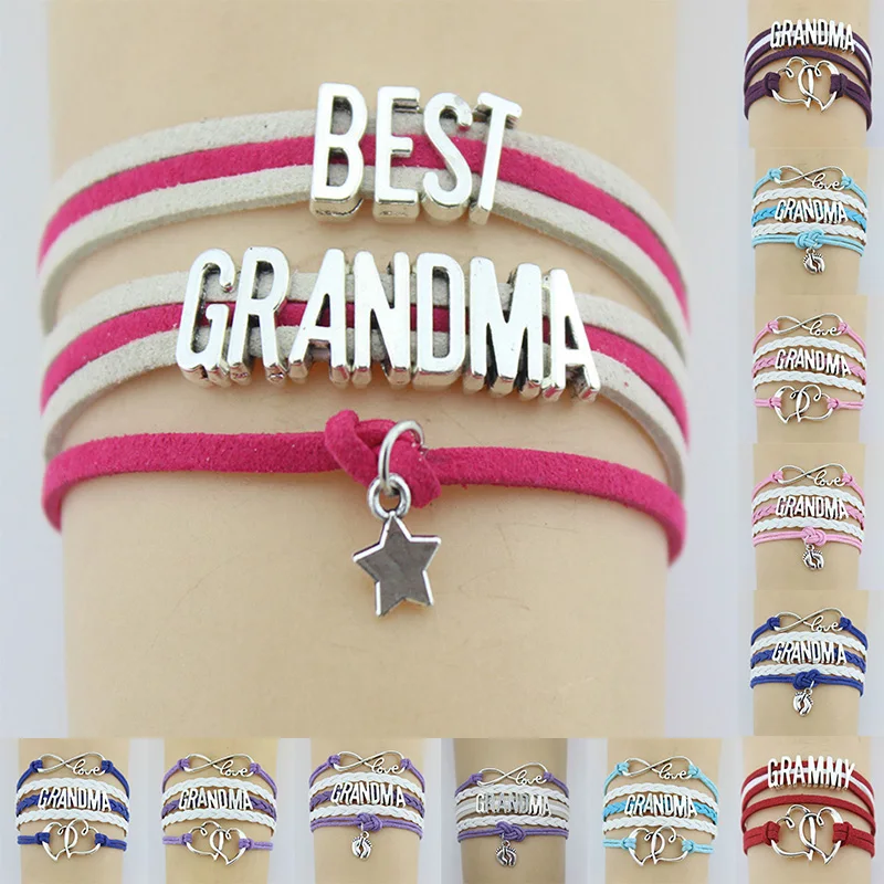 

10PC/Lot Infinity Love Best Grandma God Mother Double Heart Foot charm bracelet Leather for women jewelry bracelets & bangles