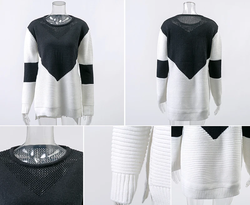 

Black White Colour Blocked Knitted Pullover Sweater Women Side Split Long Sleeve Autumn Warm Knit Top Streetwear Jumper 7Q1488