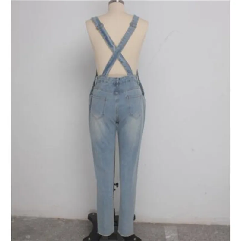 casual denim jumpsuit women long pants rompers bodysuit overalls ripped jeans strappy off shoulder boyfriend | Женская одежда
