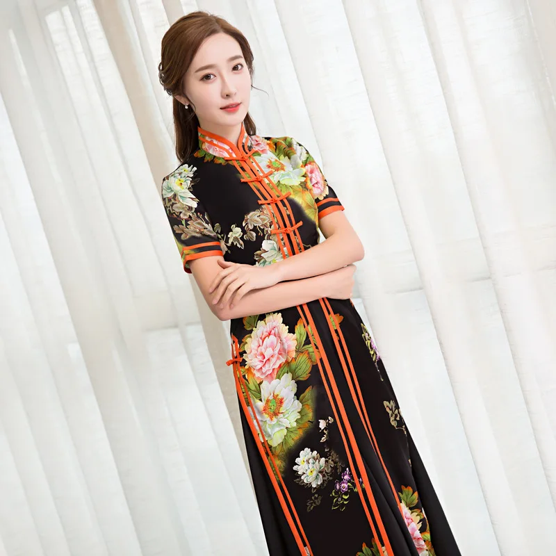 2017 Новый Черный AoDai Летнее Платье Китайский стиль Элегантный Qipao Стенд Ошейник С