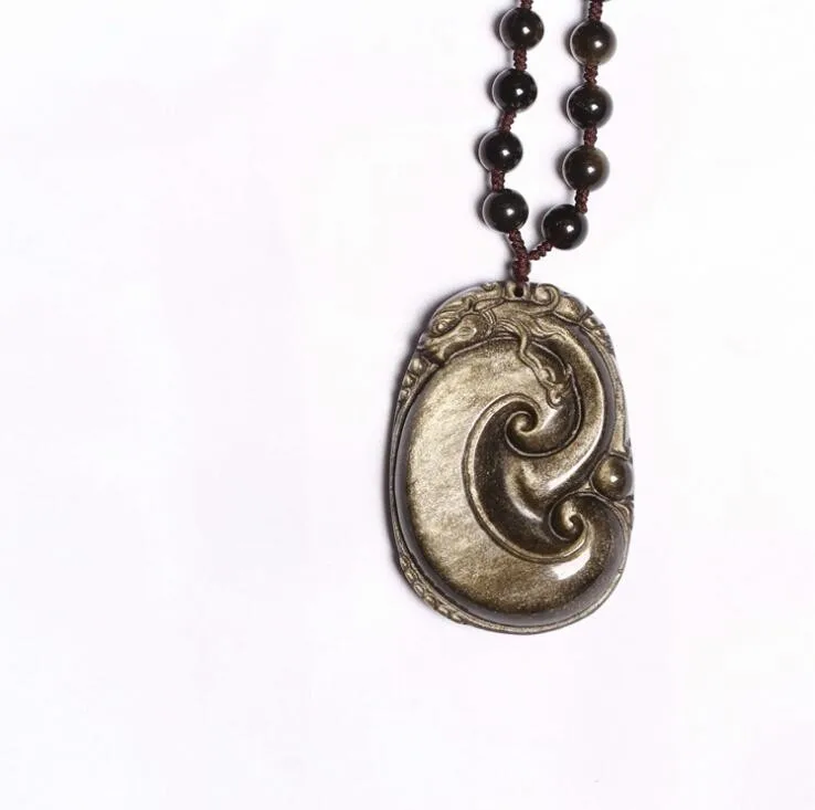 48x32mm Beautiful Natural Gold Obsidian Hand Carved Handmade Dragon RuYi Lucky Pendant + free Beads Necklace Fine Jewelry | Украшения и