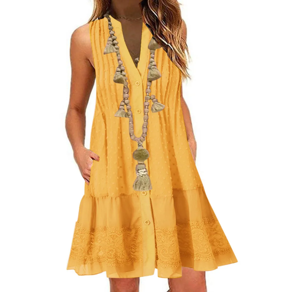 Женское летнее платье милое кружевное без рукавов повседневное свободное