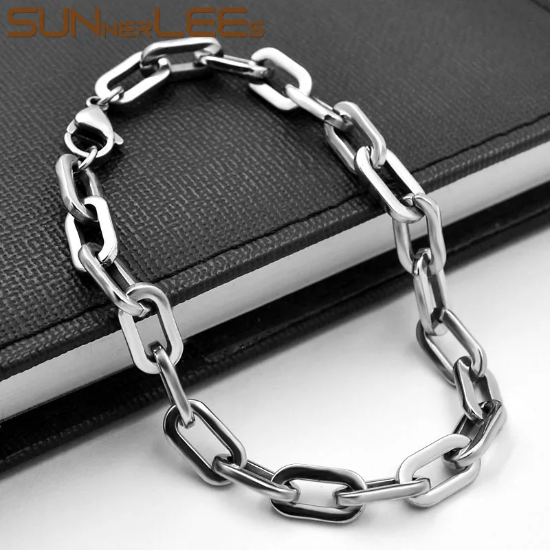 Silver SUNNERLEES 316L браслет из нержавеющей стали, полированный, 6,5 мм, Геометрическая Серебряная цепочка из звеньев, золотой, черный, для мужчин и женщин, ювелирный подарок SC96 B - Окраска металла: Silver