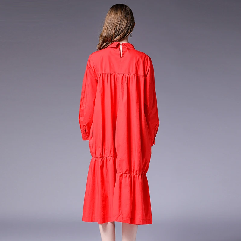 Queechalle XL 4XL Plus Size Mid Long Shirt Dress Autumn Solid Sleeve Loose A line for Women Gray Mulberry Red Black|Женские платья| |