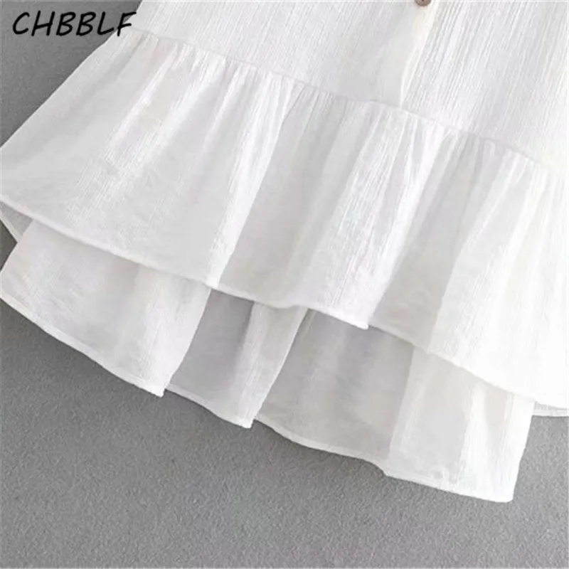 CHBBLF women white V neck dress buttons design three quarter sleeve female casual ruffles dresses vestidos NJN1328 | Женская одежда