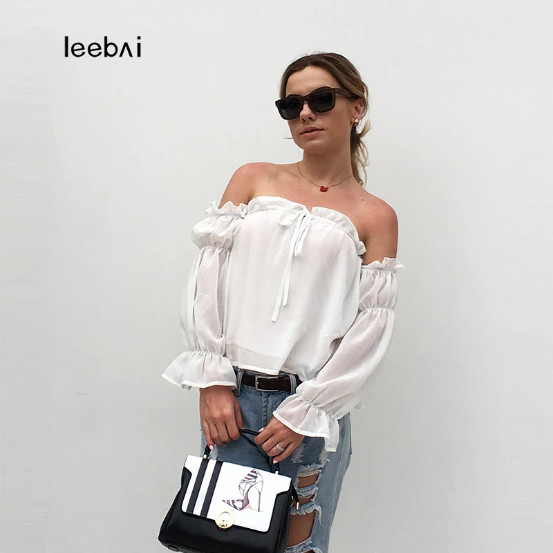 LEEBAI Женские топы и блузки одежда лето шифон оборками Slash шеи с плеча топ блуза